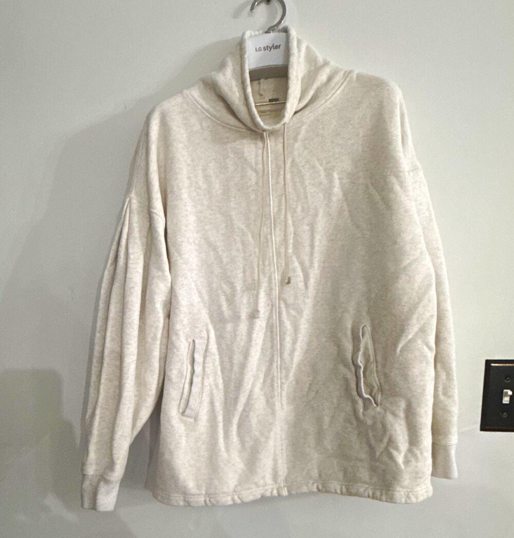 Ann Mashburn Women’s Crewneck Fleece Pullover Beige M Pockets Solid 100% Cotton